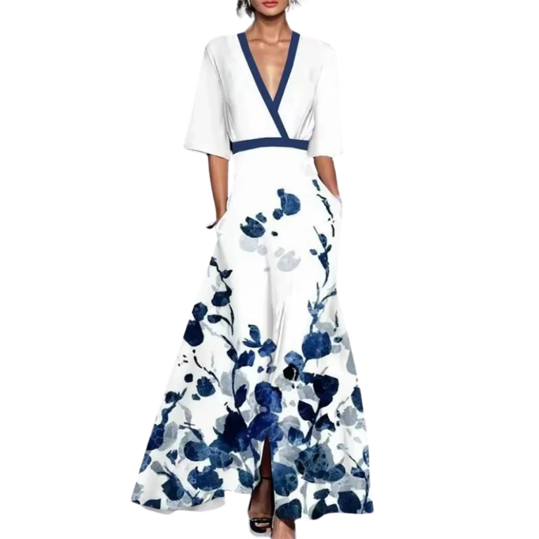 Noelle Women’s Floral Midi Dress – Elegant V-Neck Dress with Waist Belt & 3/4 Sleeves