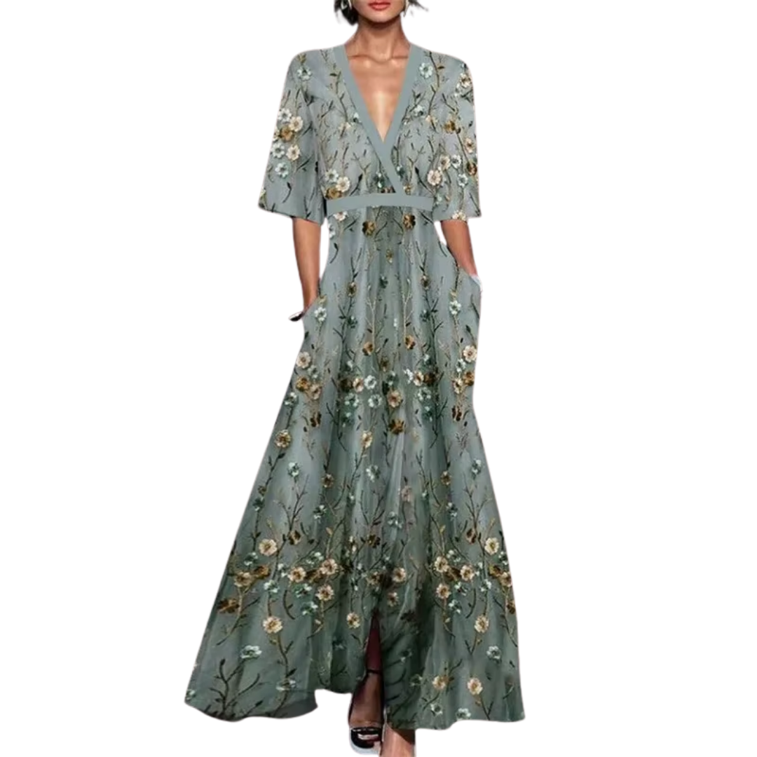 Noelle Women’s Floral Midi Dress – Elegant V-Neck Dress with Waist Belt & 3/4 Sleeves