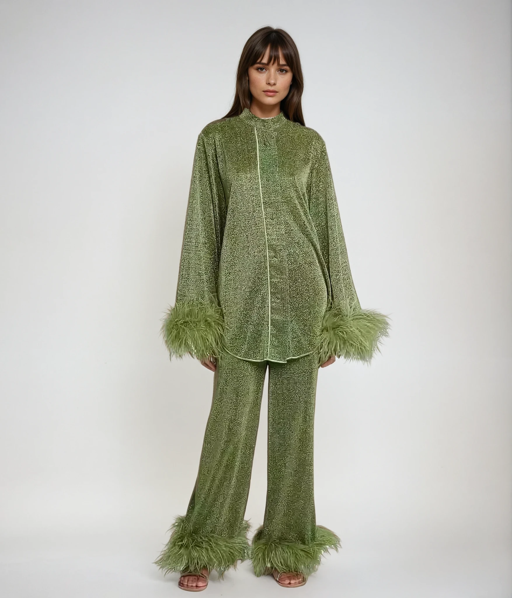 Laila Women’s Elegant Two-Piece Set – Feather Collar Top & Wide Leg Trousers
