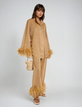 Laila Women’s Elegant Two-Piece Set – Feather Collar Top & Wide Leg Trousers