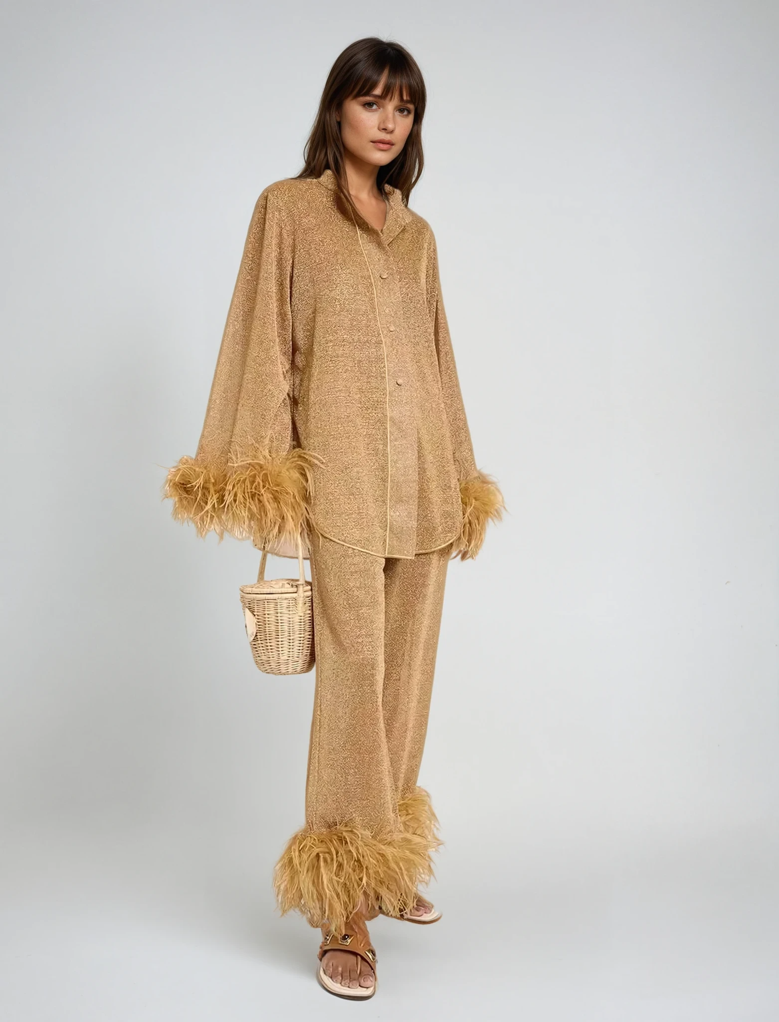 Laila Women’s Elegant Two-Piece Set – Feather Collar Top & Wide Leg Trousers