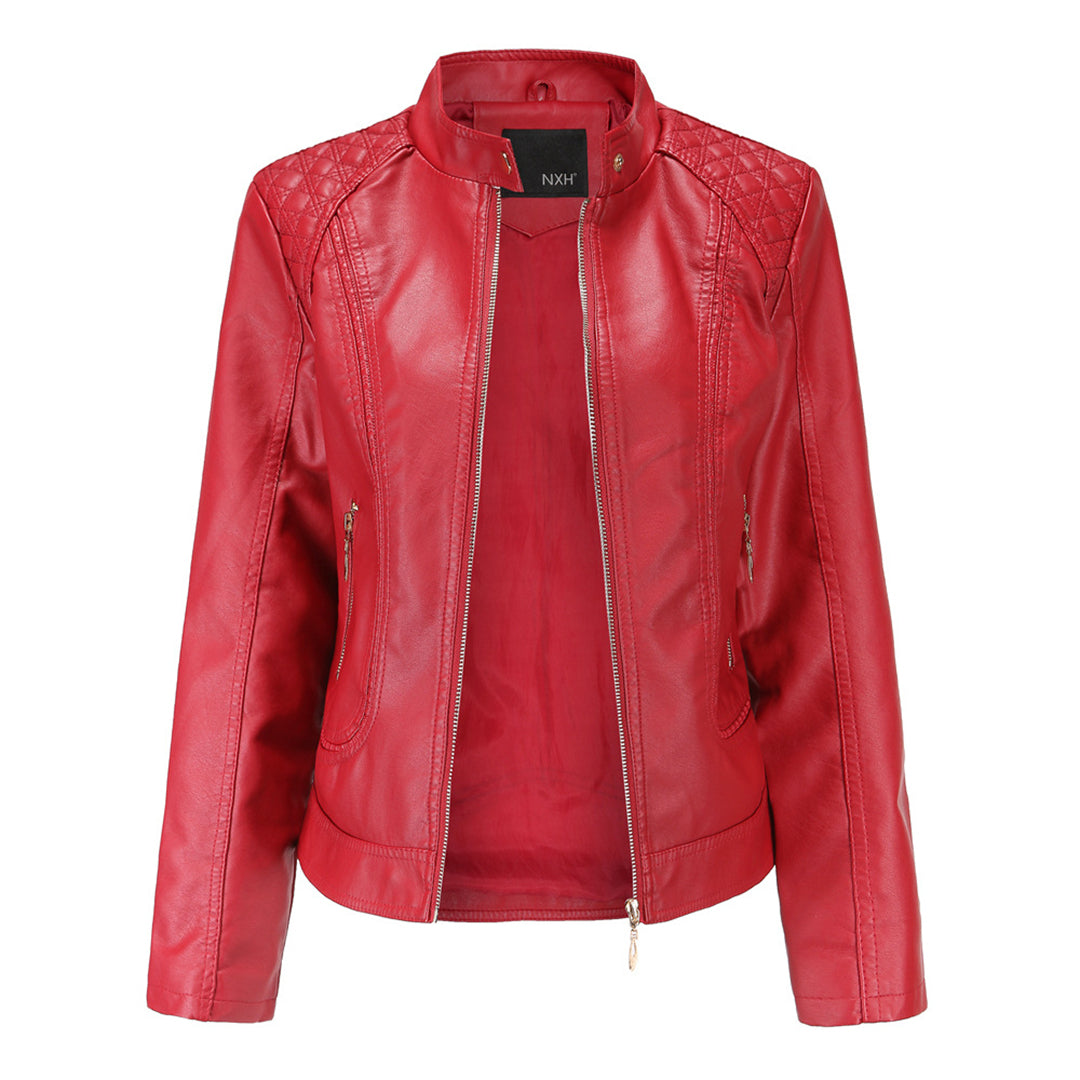 Janiyah Women’s Leather Jacket – Elegant Zip-Up Coat with Chic High Collar
