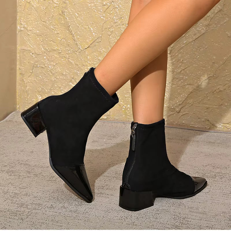 Grace Women’s Ankle Boots – Suede Block Heel Boots with Glossy Patent Details