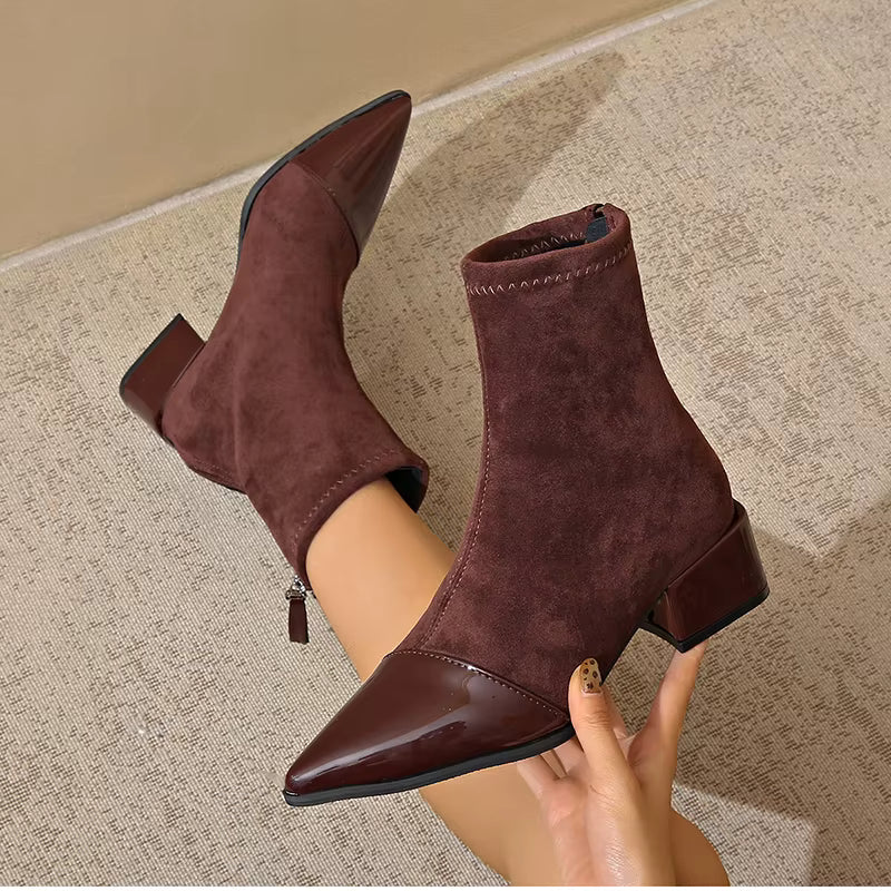Grace Women’s Ankle Boots – Suede Block Heel Boots with Glossy Patent Details