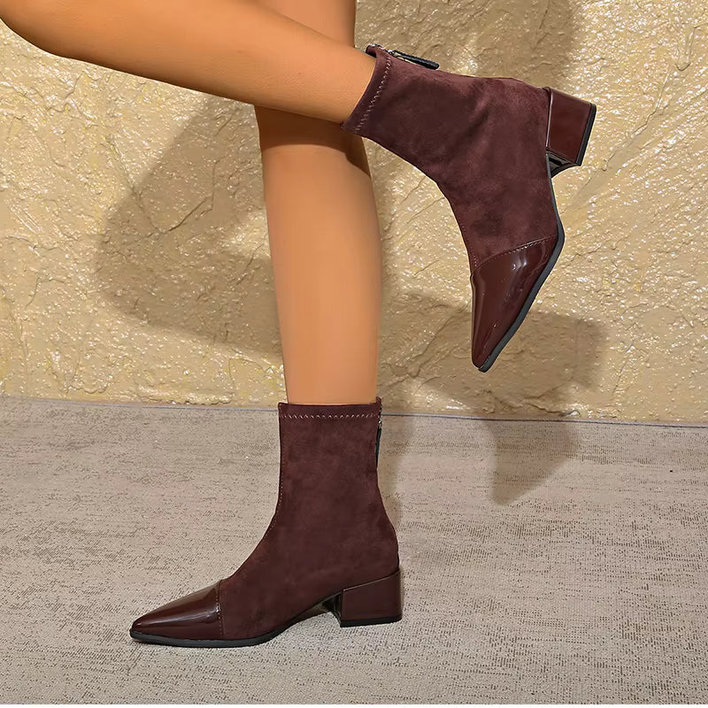 Grace Women’s Ankle Boots – Suede Block Heel Boots with Glossy Patent Details