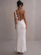 Marie Women’s Satin Evening Dress – Elegant Maxi Gown with Draped Neckline