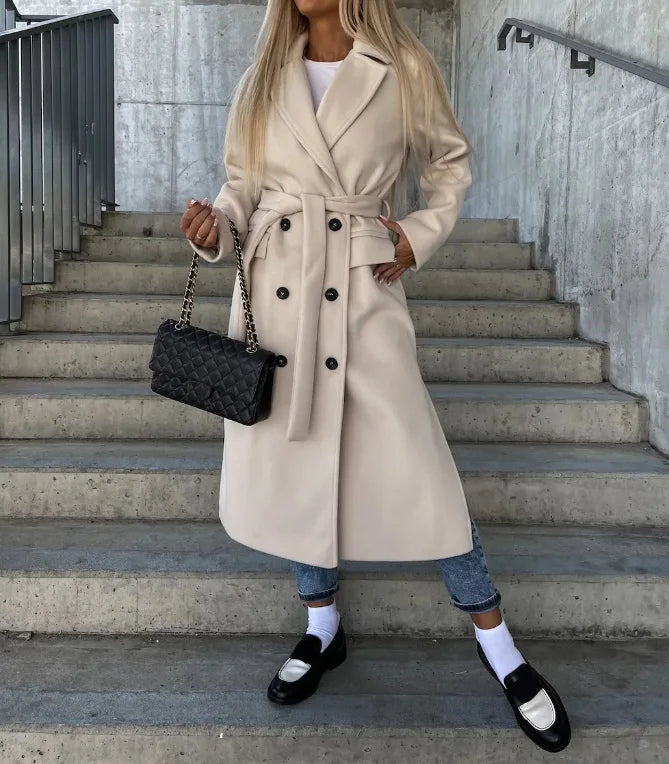 Talia Women’s Long Winter Coat – Elegant Belted Trench Coat with Double Breasted Fit