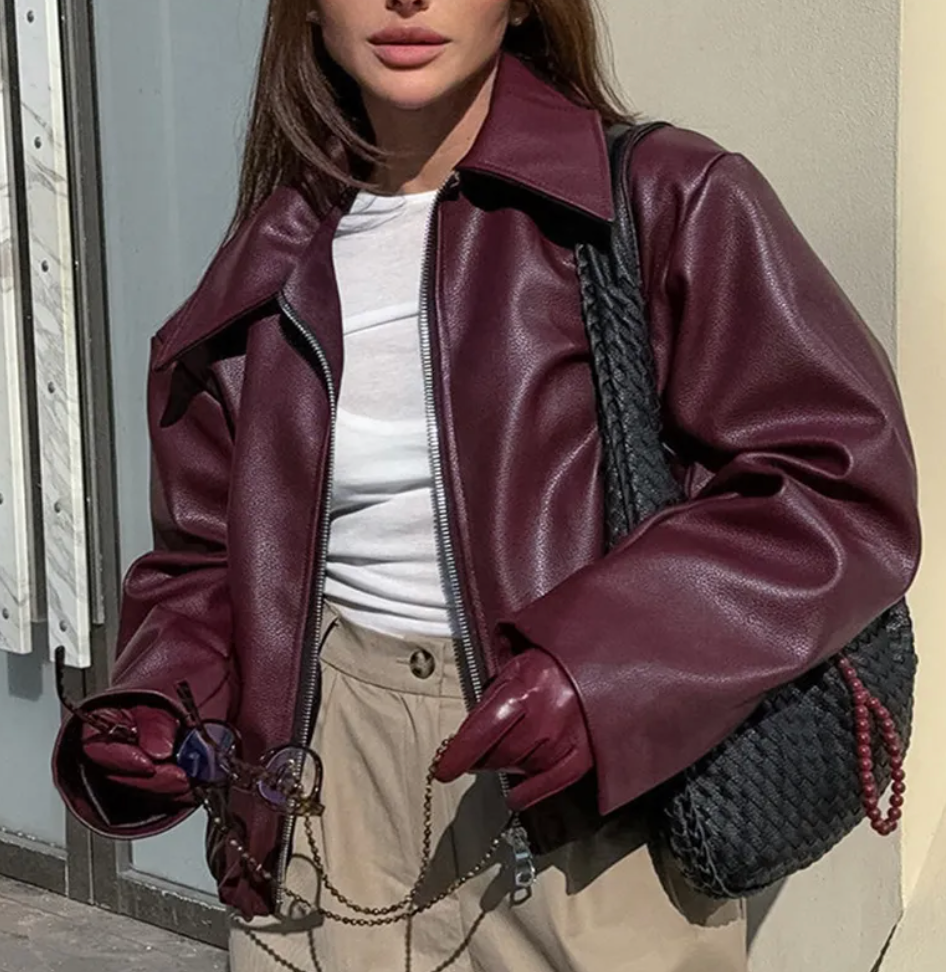 Celeste Women’s Faux Leather Bomber Jacket – Oversized Zip-Up Casual Coat