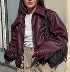 Celeste Women’s Faux Leather Bomber Jacket – Oversized Zip-Up Casual Coat