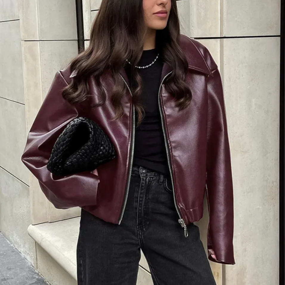 Celeste Women’s Faux Leather Bomber Jacket – Oversized Zip-Up Casual Coat