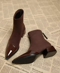 Grace Women’s Ankle Boots – Suede Block Heel Boots with Glossy Patent Details