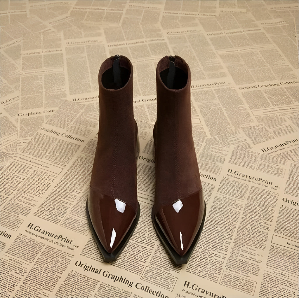 Grace Women’s Ankle Boots – Suede Block Heel Boots with Glossy Patent Details