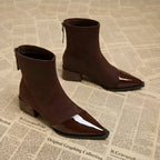 Grace Women’s Ankle Boots – Suede Block Heel Boots with Glossy Patent Details