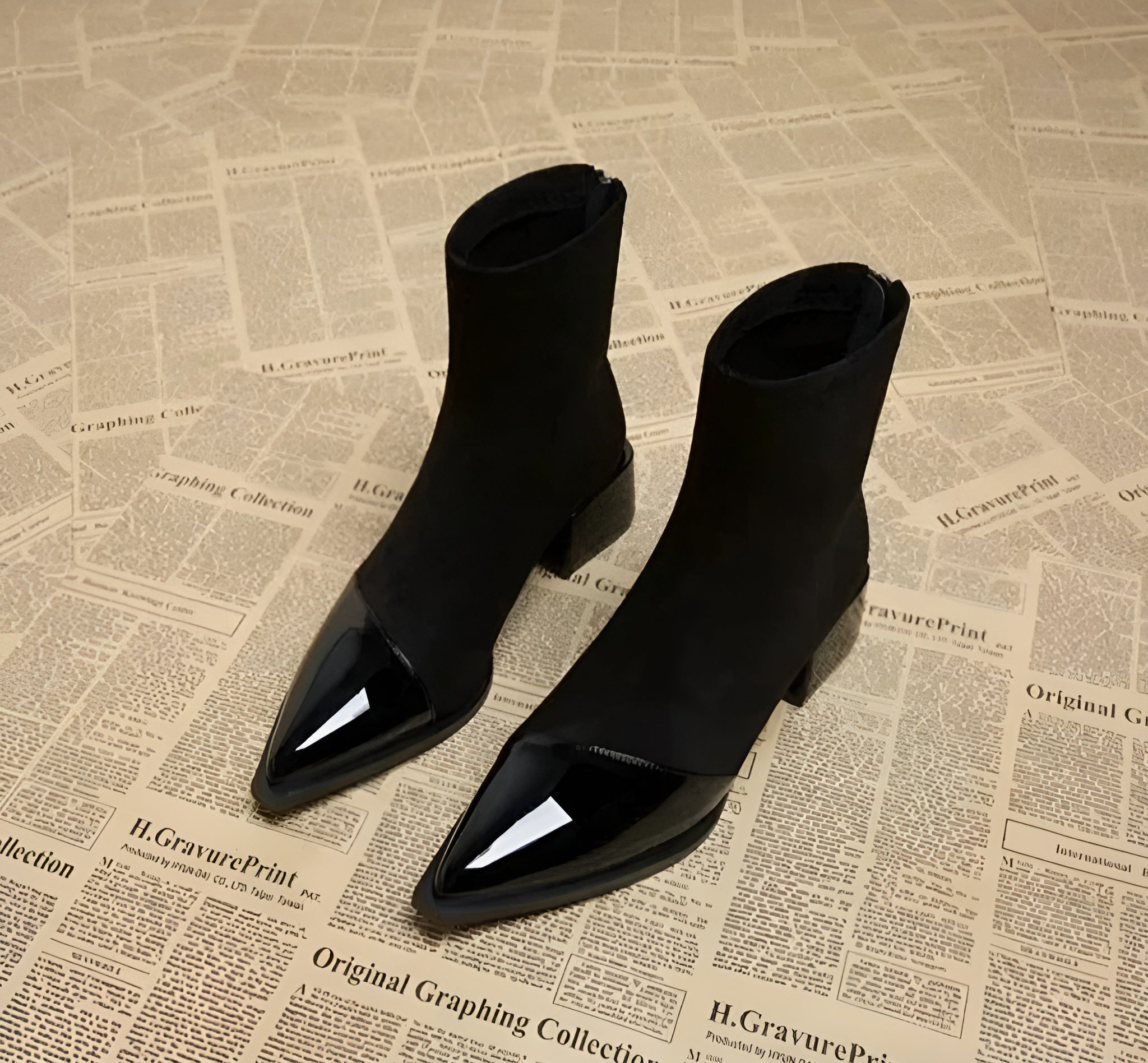 Grace Women’s Ankle Boots – Suede Block Heel Boots with Glossy Patent Details