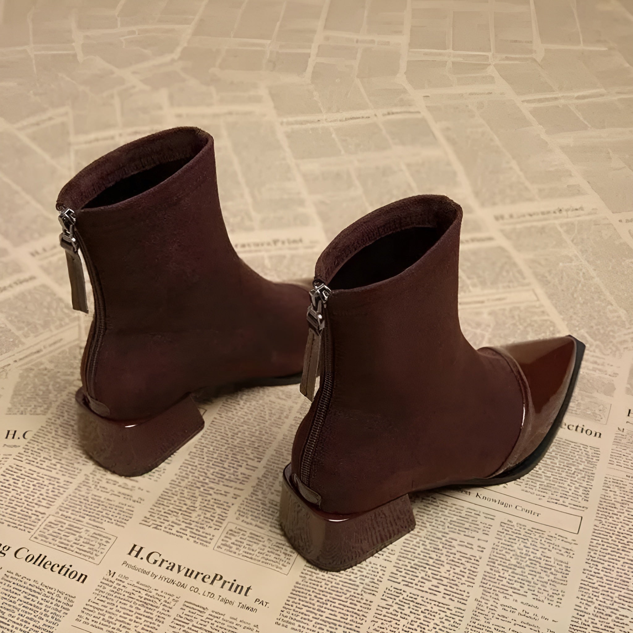 Grace Women’s Ankle Boots – Suede Block Heel Boots with Glossy Patent Details
