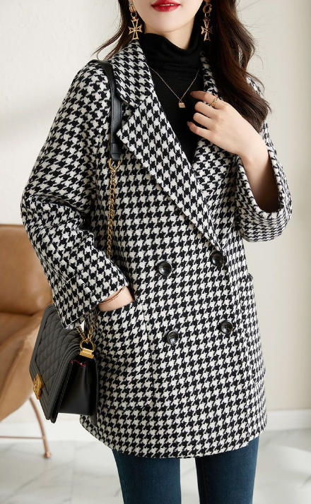 Audrey Women’s Checked Blazer Jacket – Oversized Double-Breasted Vintage Coat