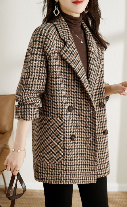 Audrey Women’s Checked Blazer Jacket – Oversized Double-Breasted Vintage Coat