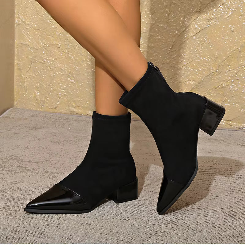 Grace Women’s Ankle Boots – Suede Block Heel Boots with Glossy Patent Details