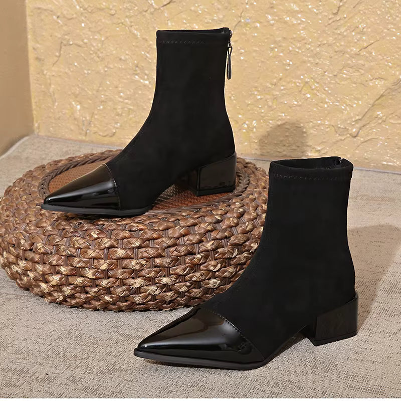 Grace Women’s Ankle Boots – Suede Block Heel Boots with Glossy Patent Details