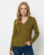 Zane Women’s Glitter V-Neck Blouse – Elegant Long Sleeve Chic Party Top