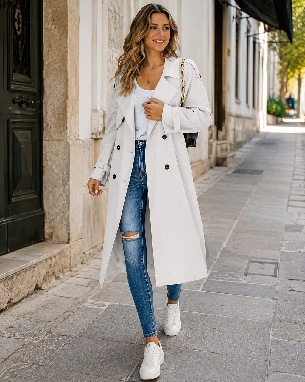 Brielle Women’s Long Trench Coat – Elegant Tailored Mid-Season Lightweight Jacket