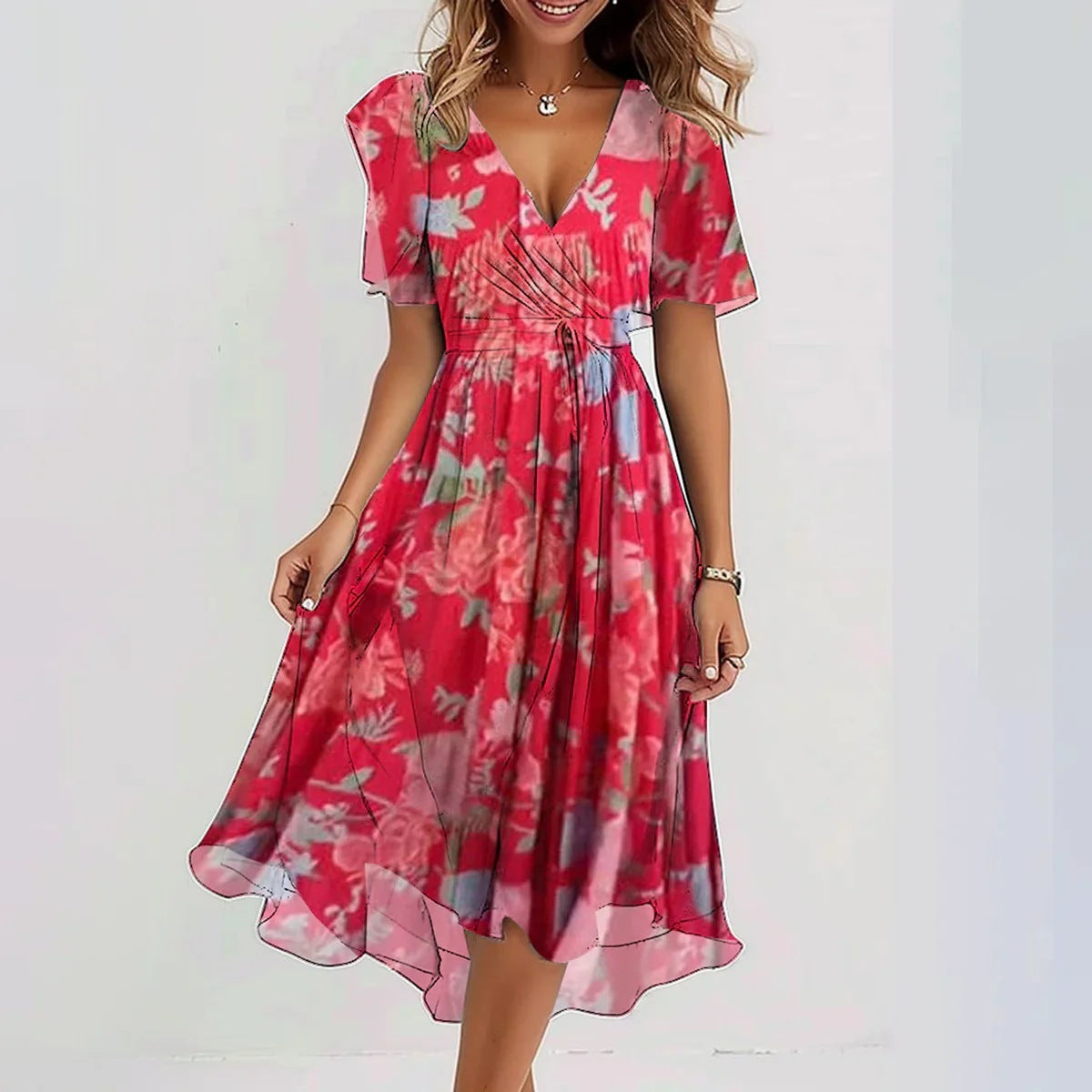 Emily Women’s Floral Midi Dress – Lightweight Chiffon Summer Dress with V-Neck Fit