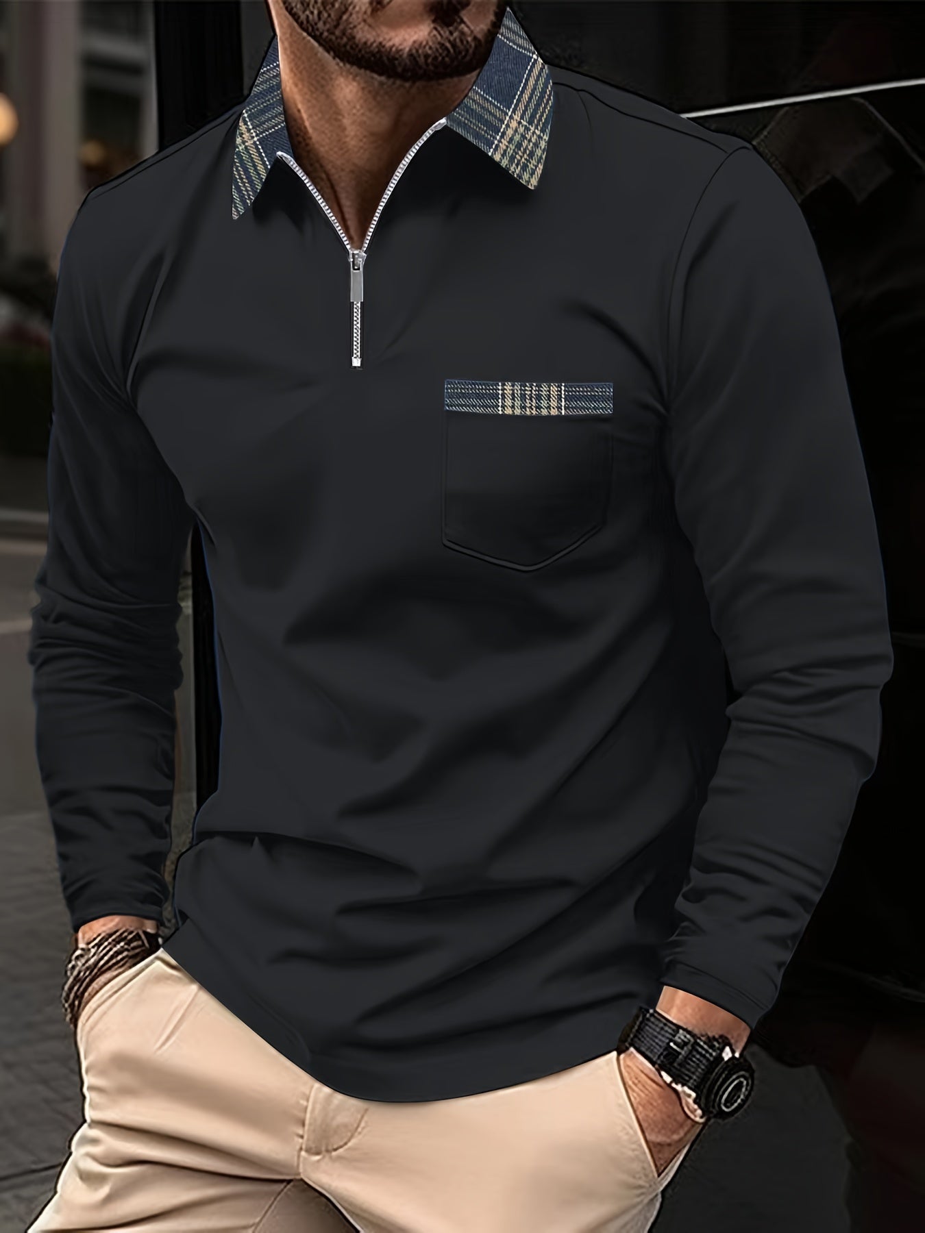 Frank Men’s Long Sleeve Polo – Zip Collar Checked Shirt with Modern Tailored Fit