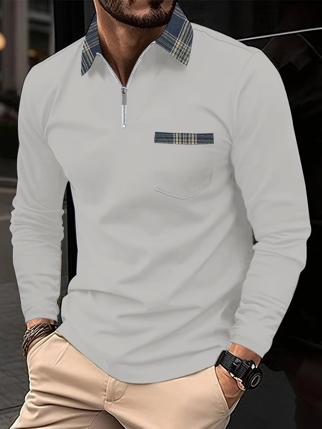 Frank Men’s Long Sleeve Polo – Zip Collar Checked Shirt with Modern Tailored Fit