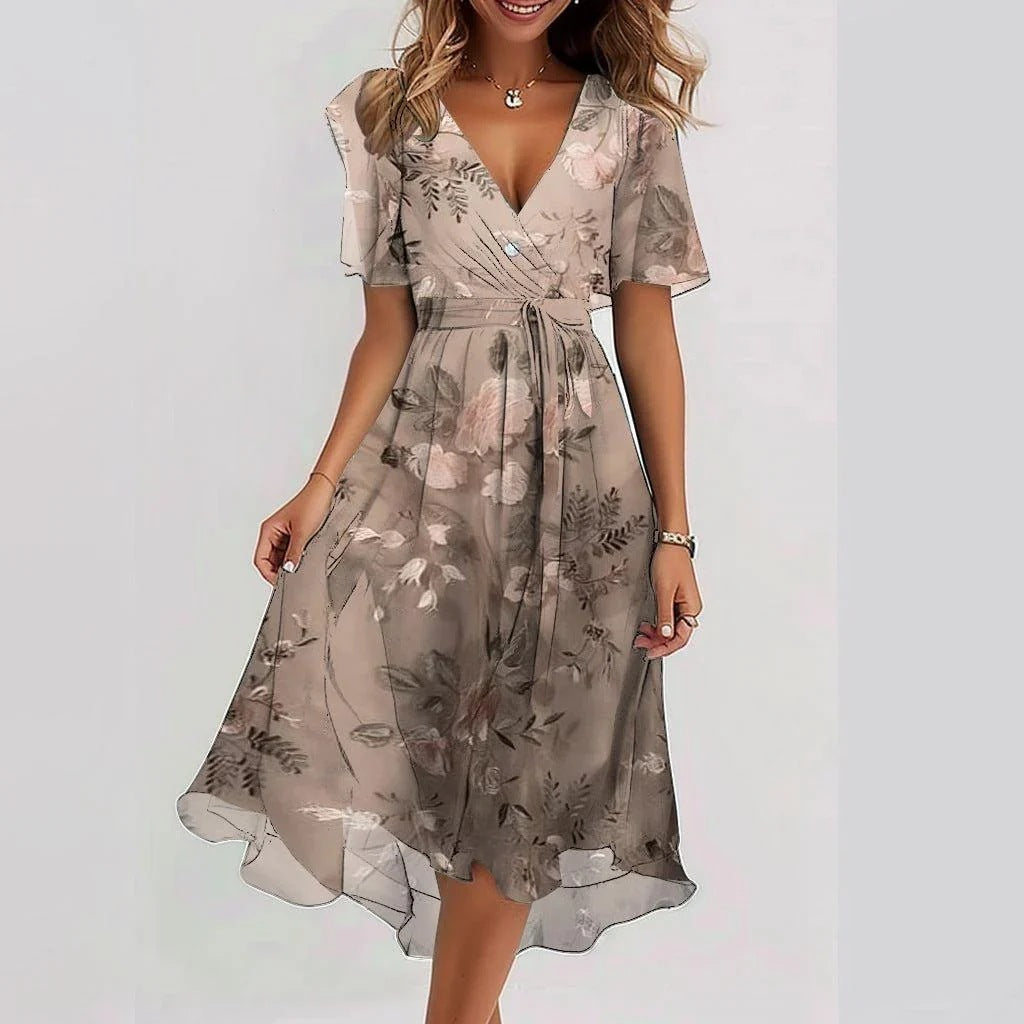 Emily Women’s Floral Midi Dress – Lightweight Chiffon Summer Dress with V-Neck Fit