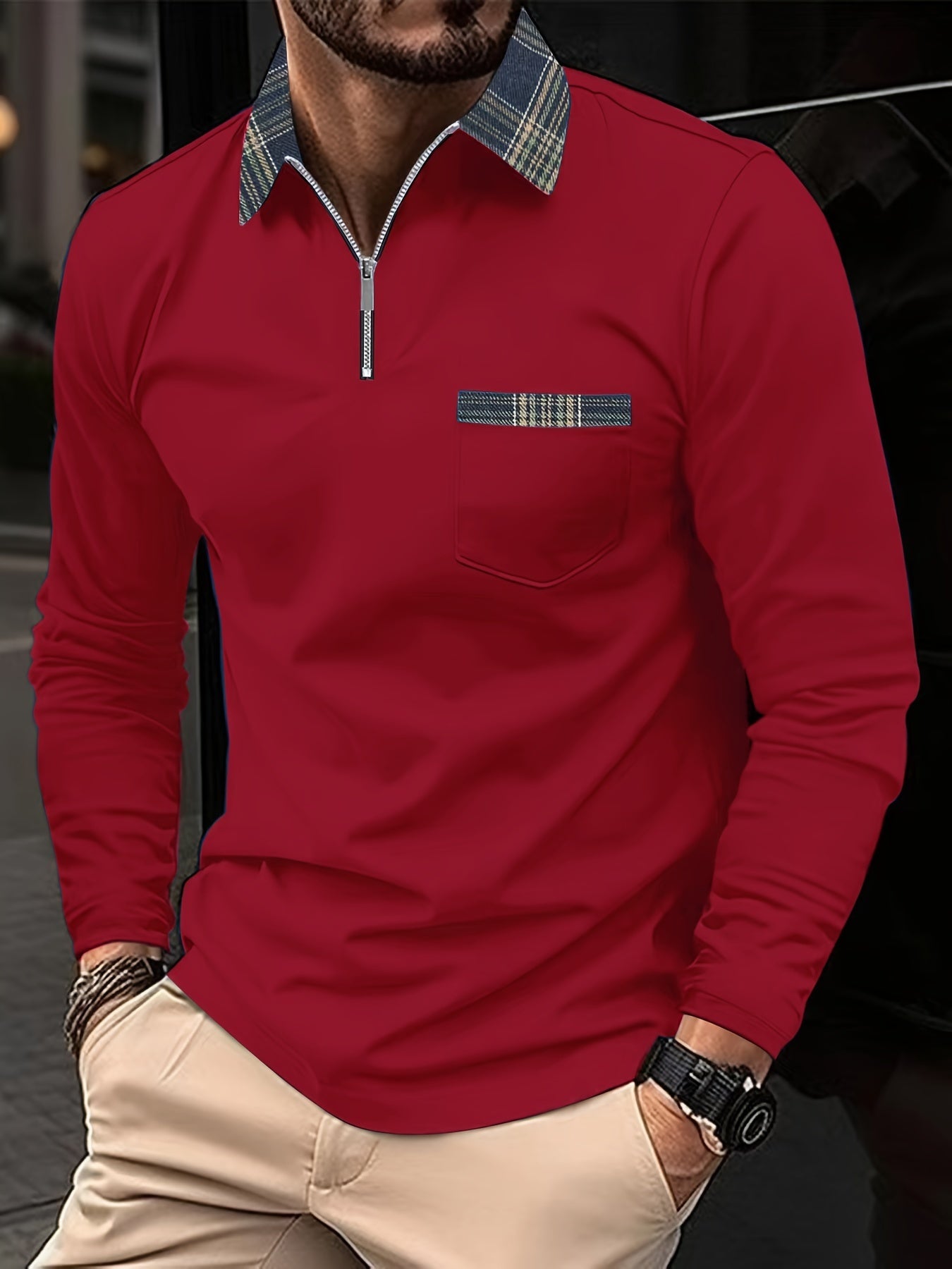 Frank Men’s Long Sleeve Polo – Zip Collar Checked Shirt with Modern Tailored Fit
