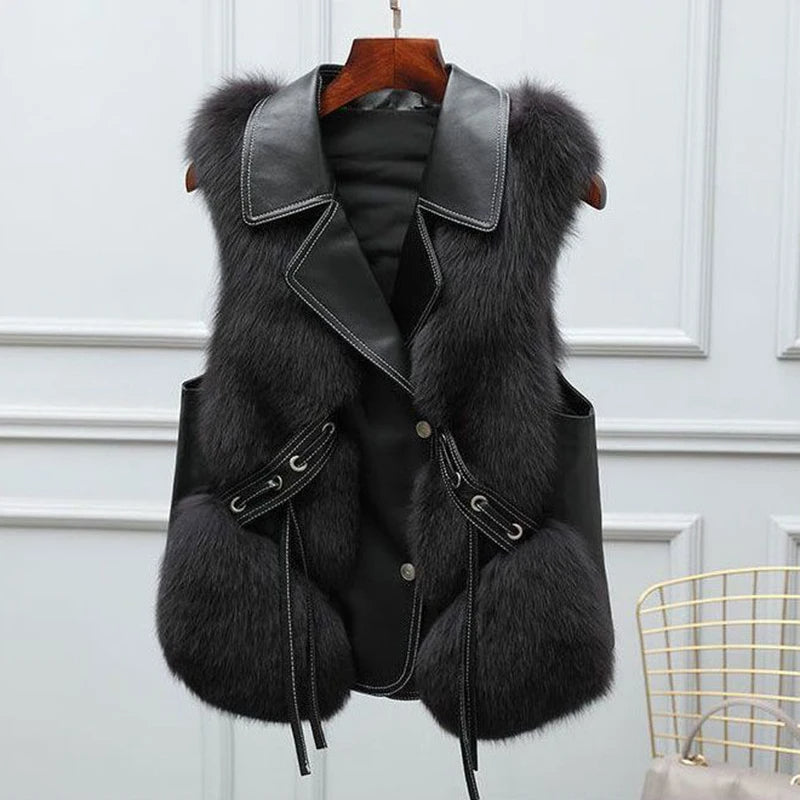 Dilara Women’s Faux Fur Gilet – Luxury Oversized Waist-Tie Winter Waistcoat