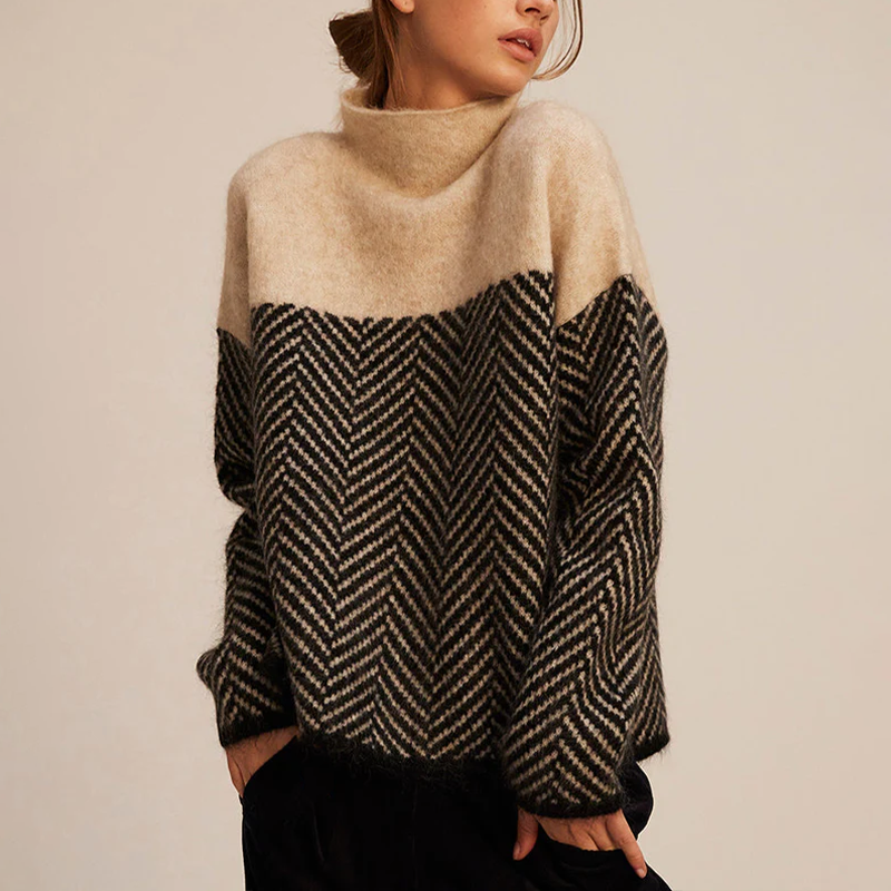 Arla Women’s Cashmere Turtleneck Sweater – Oversized Chevron Knit Winter Jumper
