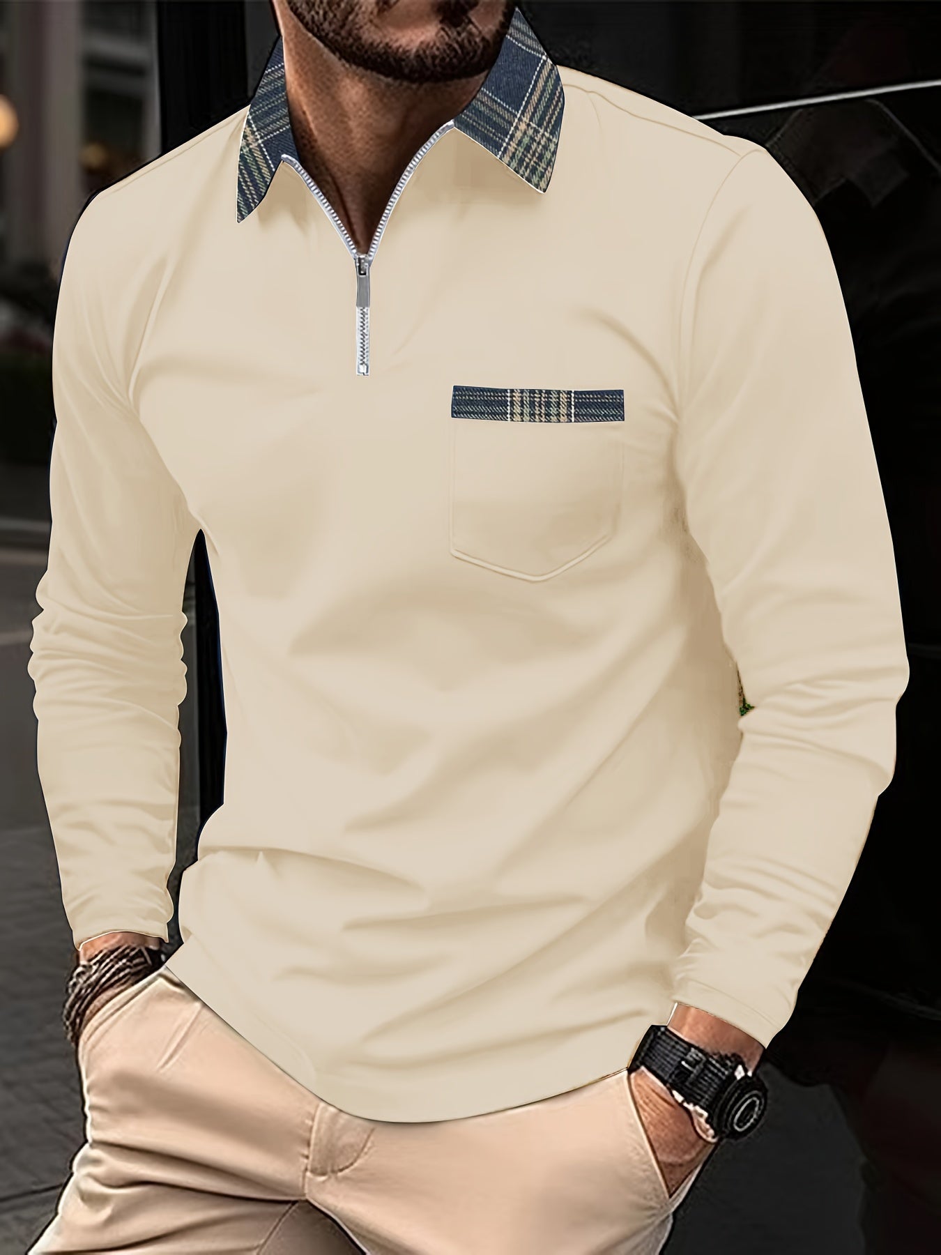 Frank Men’s Long Sleeve Polo – Zip Collar Checked Shirt with Modern Tailored Fit