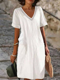 Callie Women’s Cotton Dress – White V-Neck Summer Dress with Relaxed Straight Fit