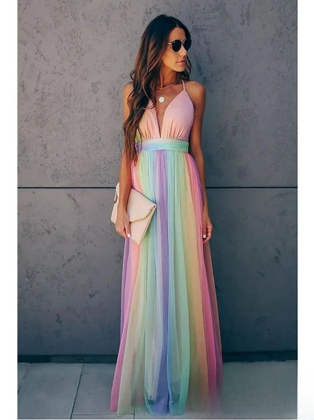 Isabelle Women’s Rainbow Maxi Dress – Elegant Sleeveless Summer Dress with Flowing Fit
