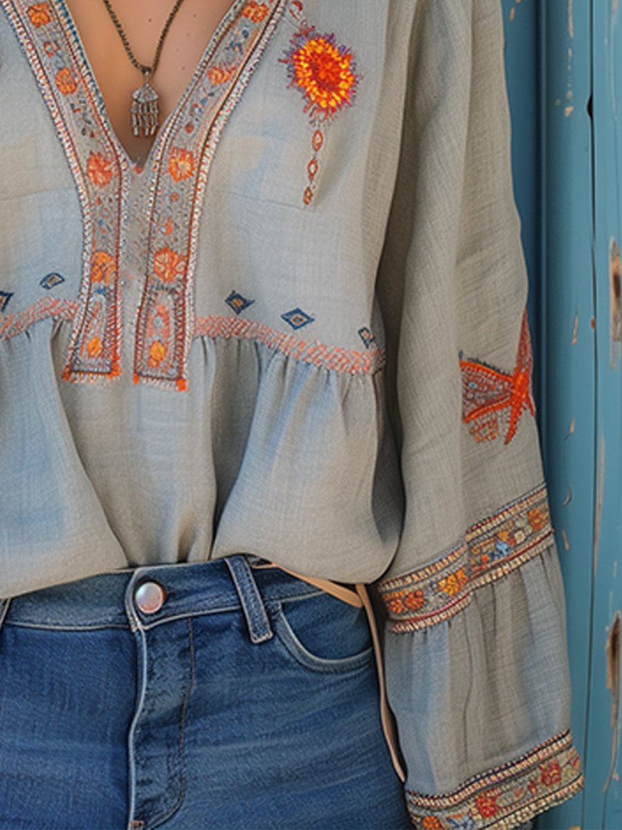 Sienna Women’s Boho Blouse – Embroidered V-Neck Loose Fit Chic Long Sleeve Top