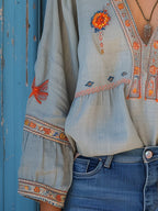 Sienna Women’s Boho Blouse – Embroidered V-Neck Loose Fit Chic Long Sleeve Top