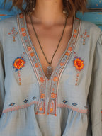 Sienna Women’s Boho Blouse – Embroidered V-Neck Loose Fit Chic Long Sleeve Top