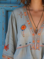Sienna Women’s Boho Blouse – Embroidered V-Neck Loose Fit Chic Long Sleeve Top
