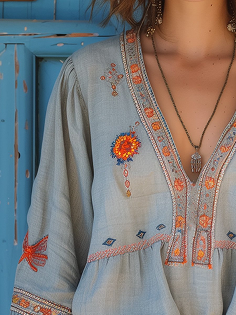 Sienna Women’s Boho Blouse – Embroidered V-Neck Loose Fit Chic Long Sleeve Top
