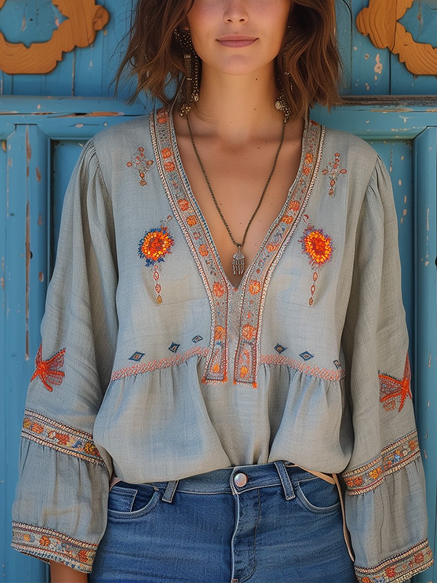 Sienna Women’s Boho Blouse – Embroidered V-Neck Loose Fit Chic Long Sleeve Top