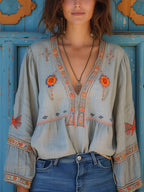 Sienna Women’s Boho Blouse – Embroidered V-Neck Loose Fit Chic Long Sleeve Top