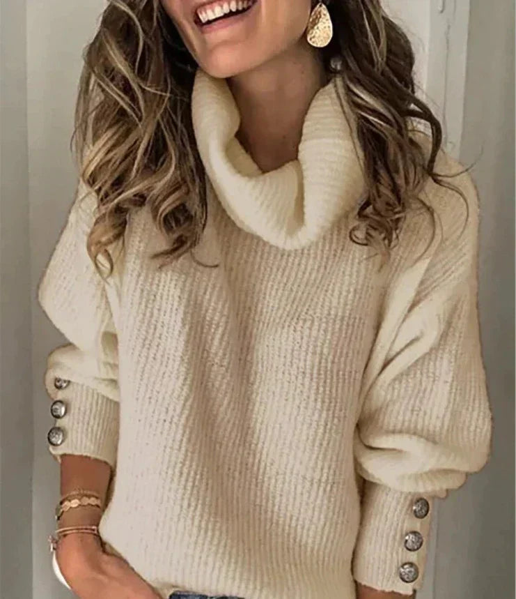 Emma Women’s Turtleneck Jumper – Elegant Knit Sweater with Button Sleeve Details