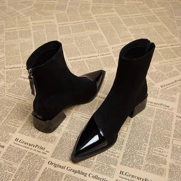 Grace Women’s Ankle Boots – Suede Block Heel Boots with Glossy Patent Details