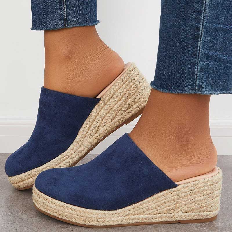 Mika Women’s Wedge Mules – Navy Espadrille Slip-On Sandals with Comfortable Heel