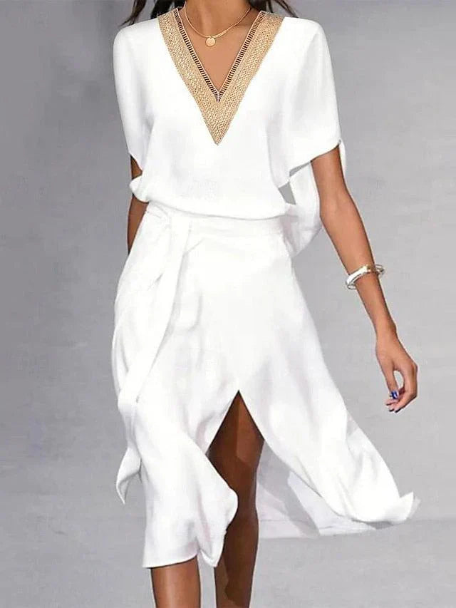 Isabella Women’s Midi Dress – Elegant White V-Neck Dress with Minimalist Fit