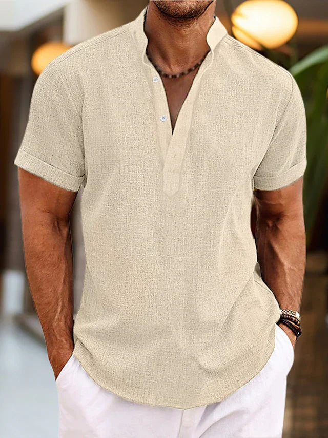 Silas Men’s Linen Henley Shirt – Breathable Short Sleeve Summer Casual Top